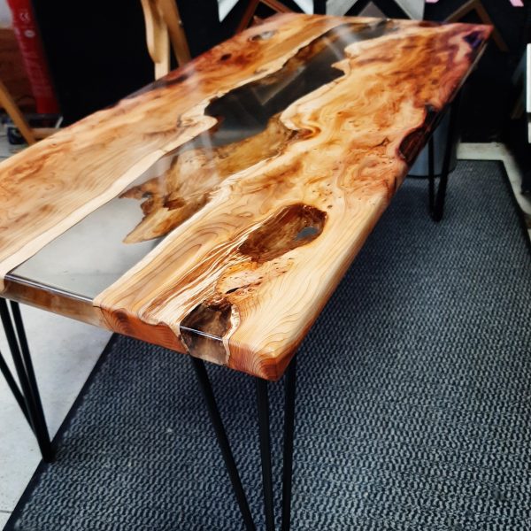 Yew wood river coffee table live edge furniture wood and resin. Local